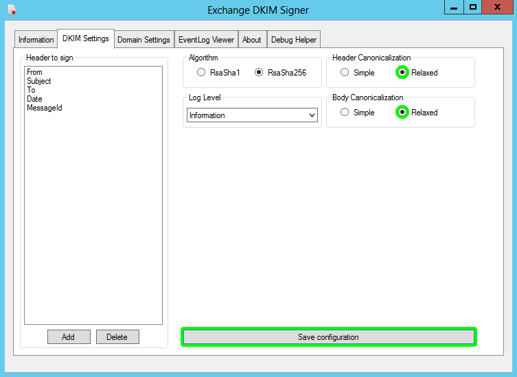 Exchange DKIM Signer settings screen