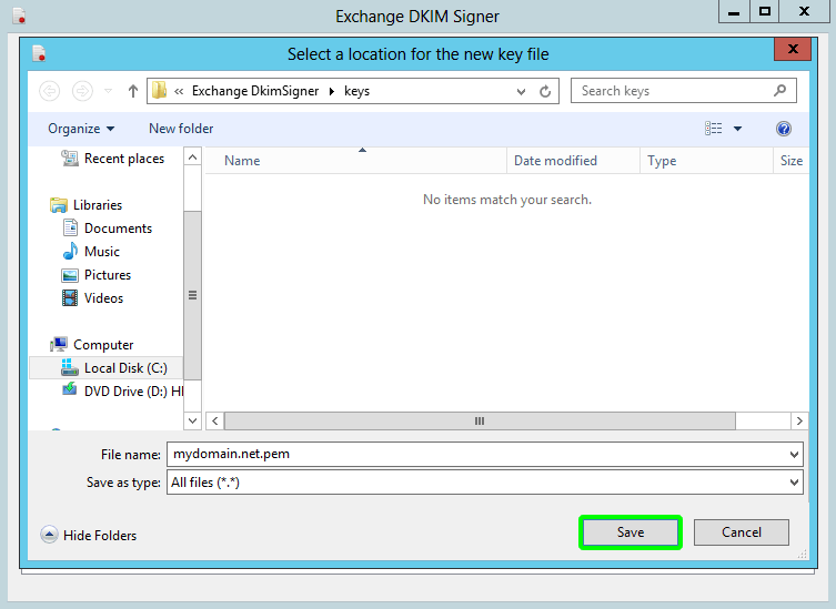 Exchange DKIM Signer save DKIM settings screen