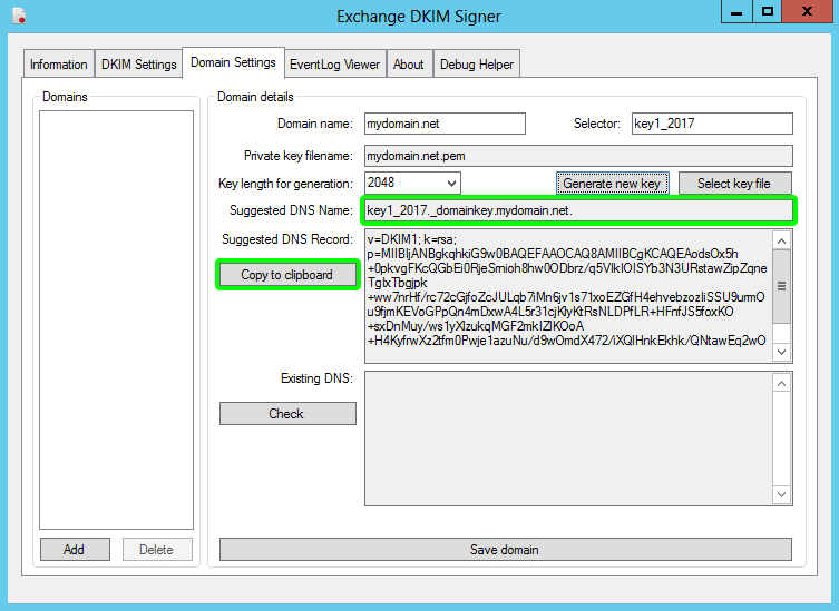 Exchange DKIM Signer copy suggested dns record screen